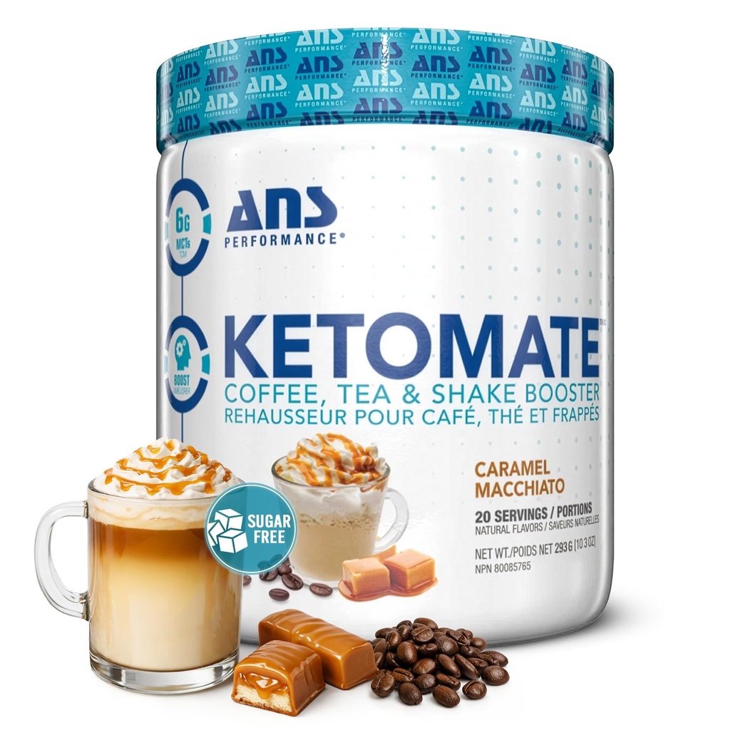 ANS Performance Ketomate Coffee Creamer Con MCT Oil Powder, Delicious, Sugar Free Creamer Para Café, Té & Shakes, Perfect Keto Energy Powder, 20 Servings, 15oz, Caramel Macchiato