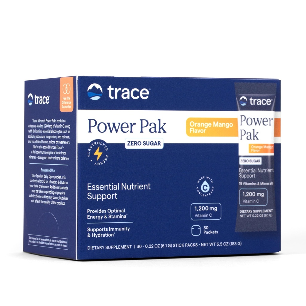 Trace Minerals Power Pak Multivitamin and Multimineral Packets - Electrolyte Support - 1200 mg Vitamina C Plus 70 Sugar Gratis - Orange Mango Flavor - 30 Packets