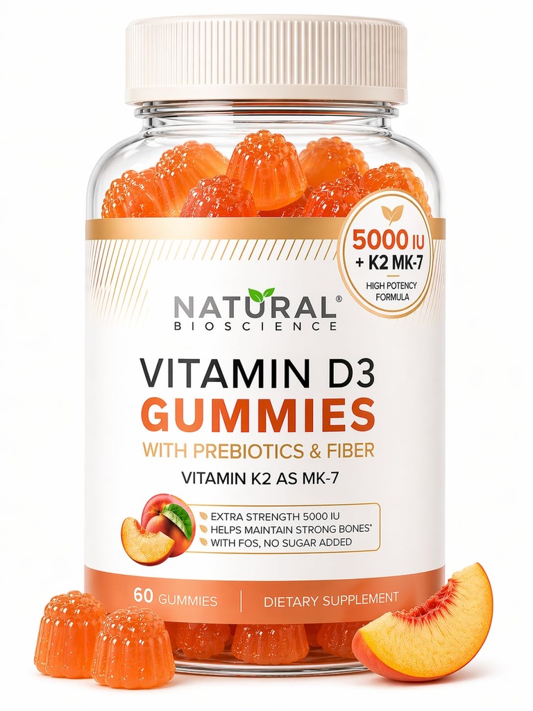 Vitamina D3 K2 Gummies - Vitamina D3 Gummies 5000 UI+K2 MK7 80 mcg, K2 D3 Suplemento Vitamina Adultos, Vitamina D K2 para Huesos, Inmuno, Corazón, Mood, Libre de gluten, No GMO, Sabor de Peach Natural