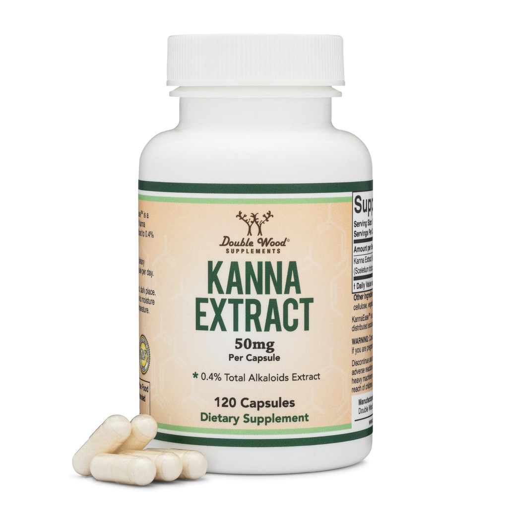 Kanna Extract Supplement (Sceletium Tortuosum) - 50mg Por Capsules, 120 Cuenta - para la relajación y la paz de la mente (Min .4% Total Alkaloids) Non-GMO, Gluten Free, Vegan Safe by Double Wood
