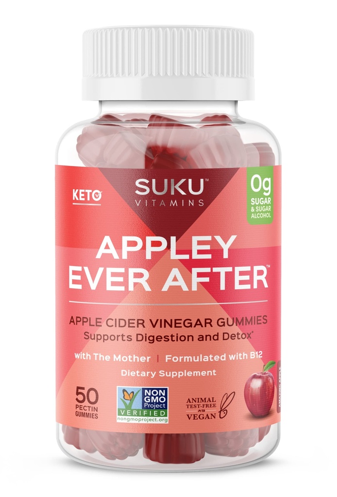 SUKU Appley Ever After Gummies – Apple Sider Vinegar con Methylated B12 & Folate – Sin azúcar, sin gluten, Vegan Detox & Energy Support – Amazing Apple Flavor – 50 Conde