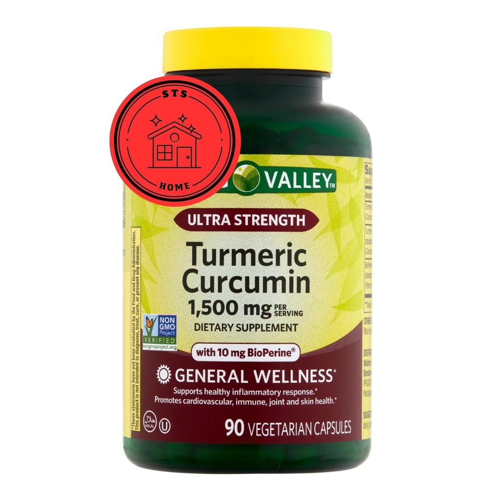 Suplemento Turmérico del Valle de Primavera Silencio Suplemento de Curcumina Turmérica, Ultra Fuerza 1,500 mg, 90 Cuenta + Pegatina STS.