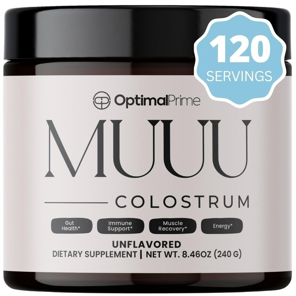 Optimal Prime - MUUU Bovine Colostrum Suplemento y Superfood Powder para Gut Health, Bloating, Immune Support, Hair, Skin y Nails Unflavored, 120 Servings