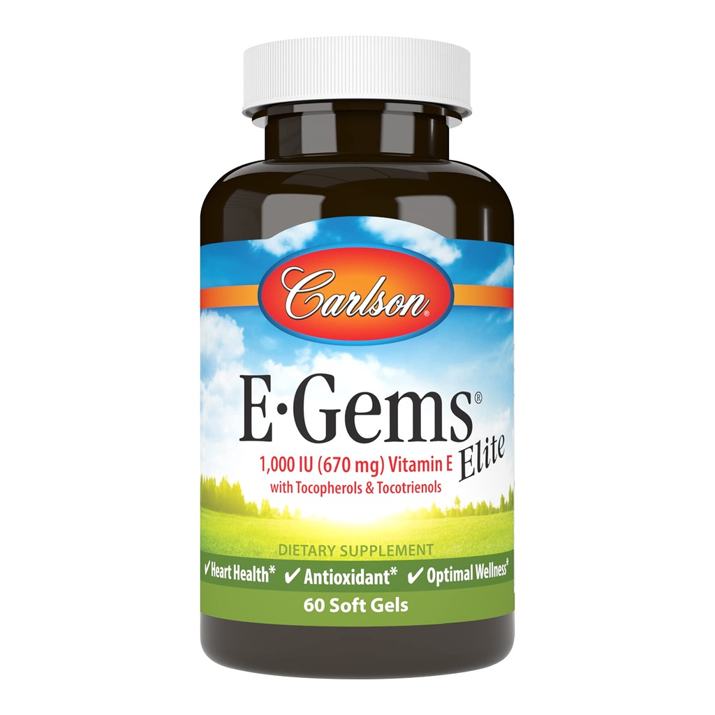 Carlson - E-Gems Elite, 1000 UI (670 mg) Vitamina E con Tocopherols y Tocotrienols, Bienestar Optimal, 60 Softgels