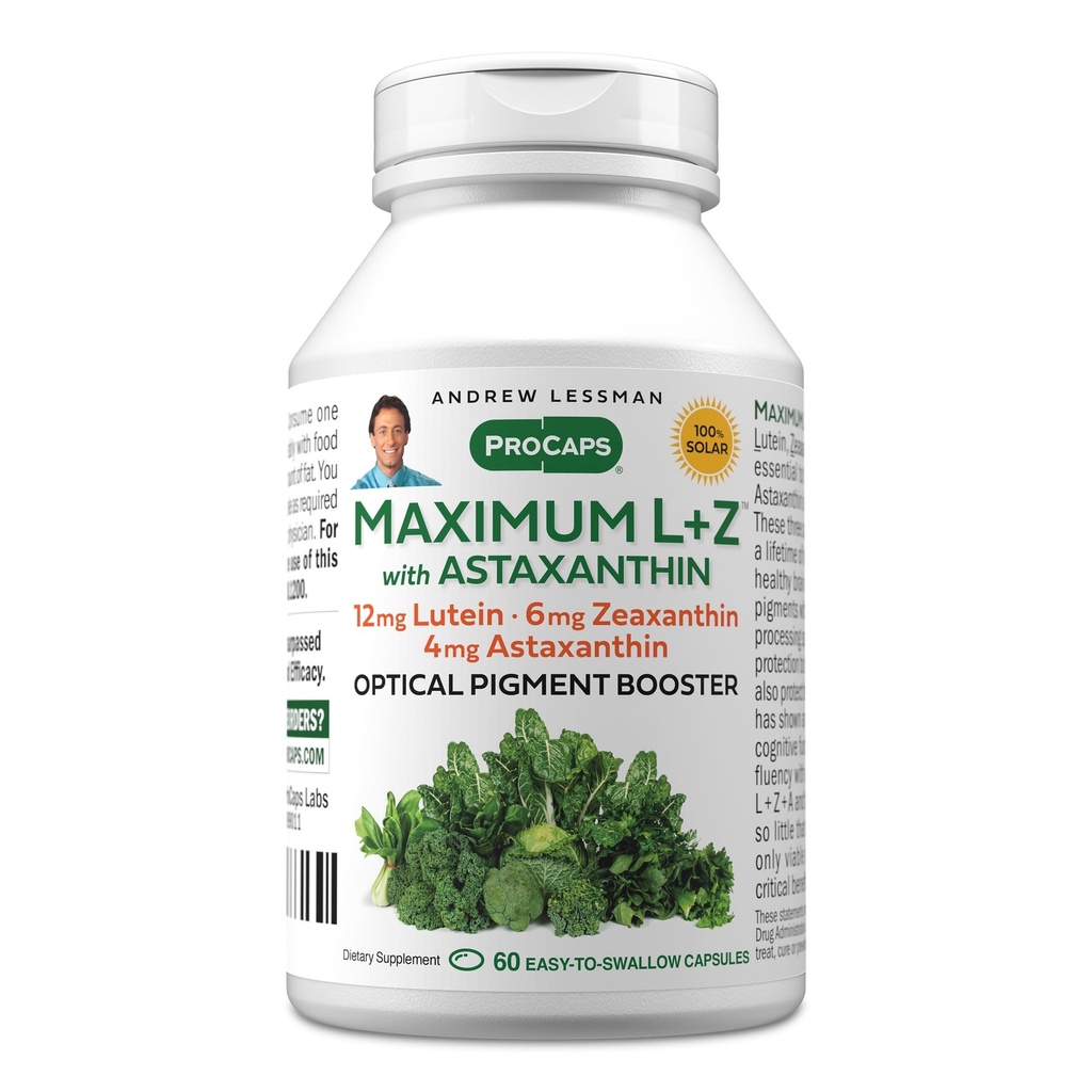 ANDREW LESSMAN Maximum L+Z with Astaxanthin 60 Softgels - 12mg Lutein, 6mg Zeaxanthin, 4mg Astaxanthin. Nutrientes clave para apoyar la salud ocular y cerebral, y promover una visión saludable.