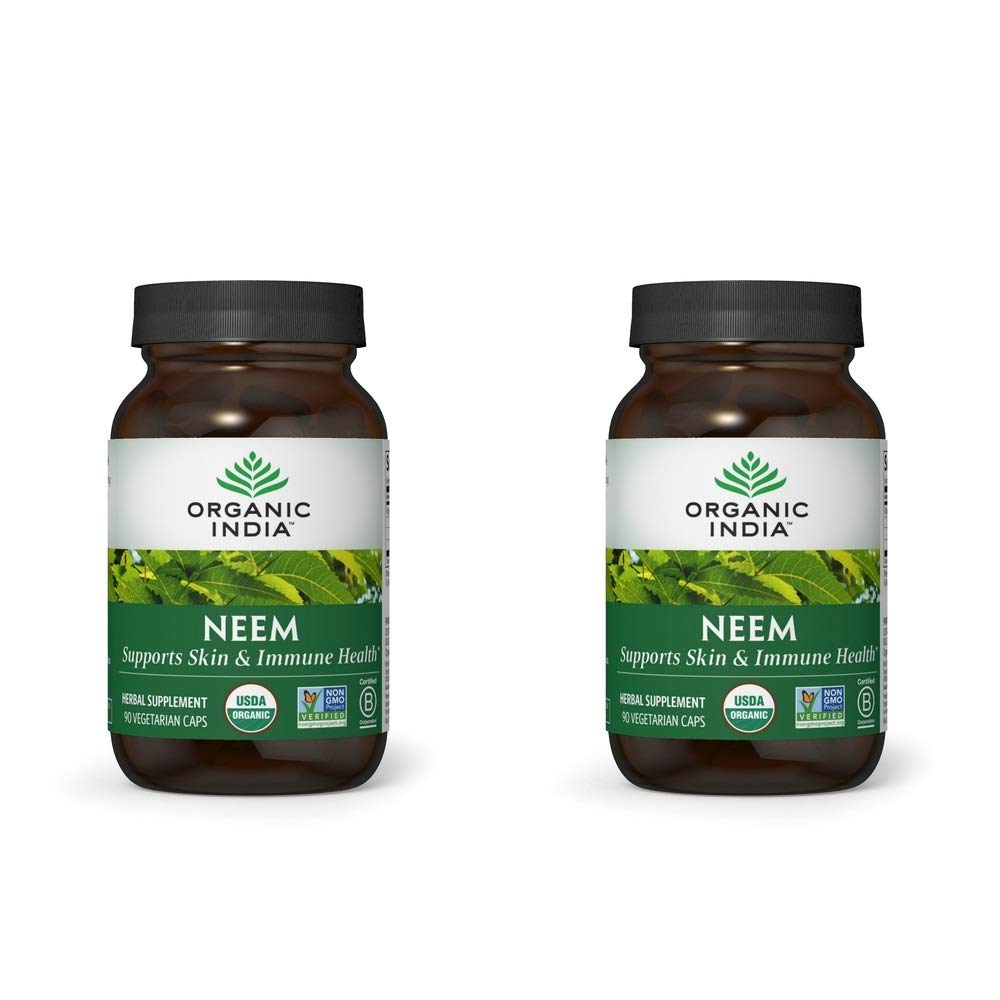 ORGANIC INDIA Neem Leaf Capsules, Herbal Supplement - Supports Skin, Immune, " Liver Health, Detox, Vegan, Gluten-Free, USDA Certified Organic - 90 Capsules (2-Pack)