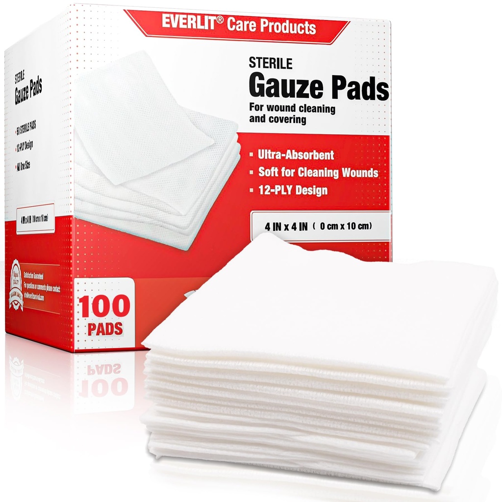 EVERLIT [Extra-Thick] 4'x4'' Sterile Gauze Pad 12-Ply, 100 Pack, Individual Wrapped, Ultra Absorbent Large Non-Woven Medical Gauze Sponges for Wound Care Home First Aid Kit