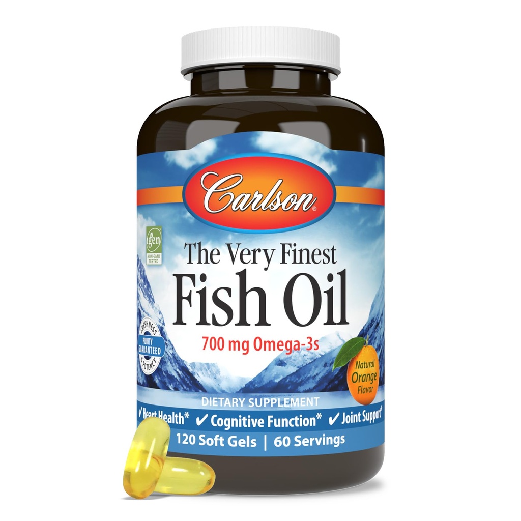 Carlson - The Very Finest Fish Oil, 700 mg Omega-3, Norwegian Fish Oil Supplement, Wild Caught Omega 3 Fish Oil, Sostentablemente Fuented Fish Oil Capsules, Omega 3 Suplemento, Orange, 120 Softgels