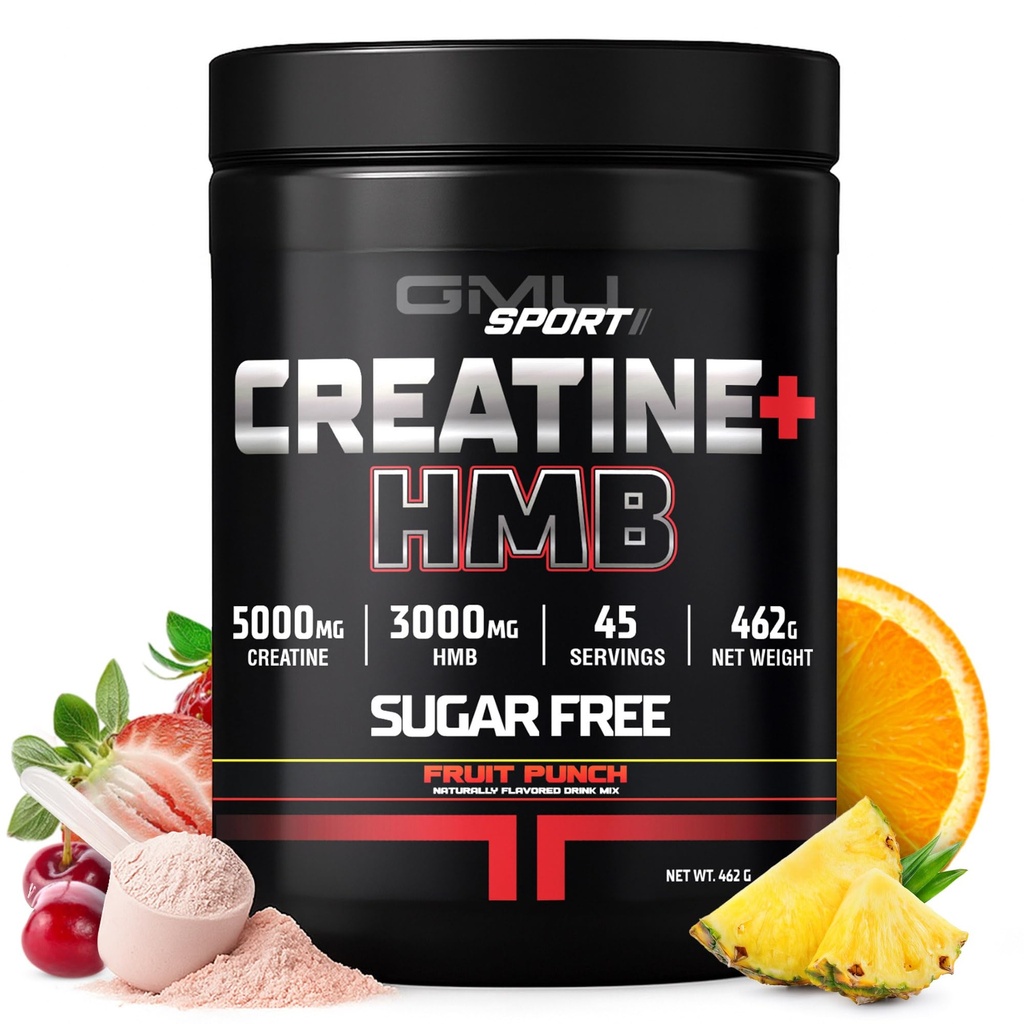 GMU SPORT - Monohidrato de Creatina con HMB Powder - 45 Serviciones, Suplementos Creatine HMB, Creatina con HMB para aumentar la fuerza, el crecimiento muscular " Energía mejorada, 3G HMB/Fruit Punch