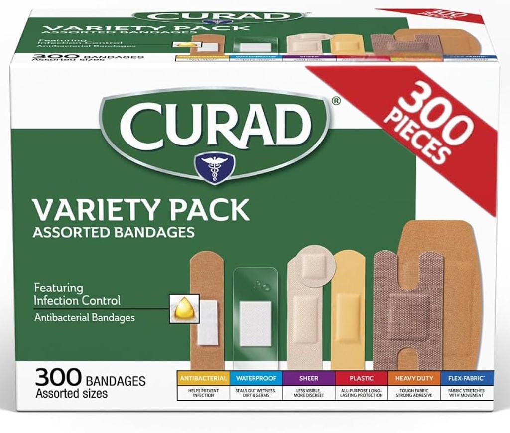 Bandages surtidos CURAD Variedad Pack, 300 Cuenta, 6 Estilos Incluyendo Antibacteriano, impermeable, vitrocerámica, plástico, trabajo pesado " Flex-Fabric, Protege Scrapes, cortes " Burns, libre de látex