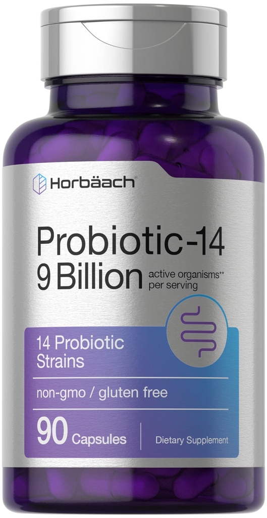 Horbäach Probiotics for Women ' Men TEN 14 Strains for Digestive Health TEN 9 Billion CFU ANTE 90 Capsules ← Non-GMO &amp; Gluten Free Supplement