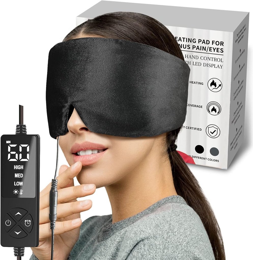 sticro Heated Eye Mask with Extra Large Size for Dry Eyes and Sinus Pressure Relief, Ultra Soft Face Heating Pad for Tension Headache Relief, Jaw TMJ Pain Relief - 3 Calor &amp; 5 Ajustes de Timing (Black)