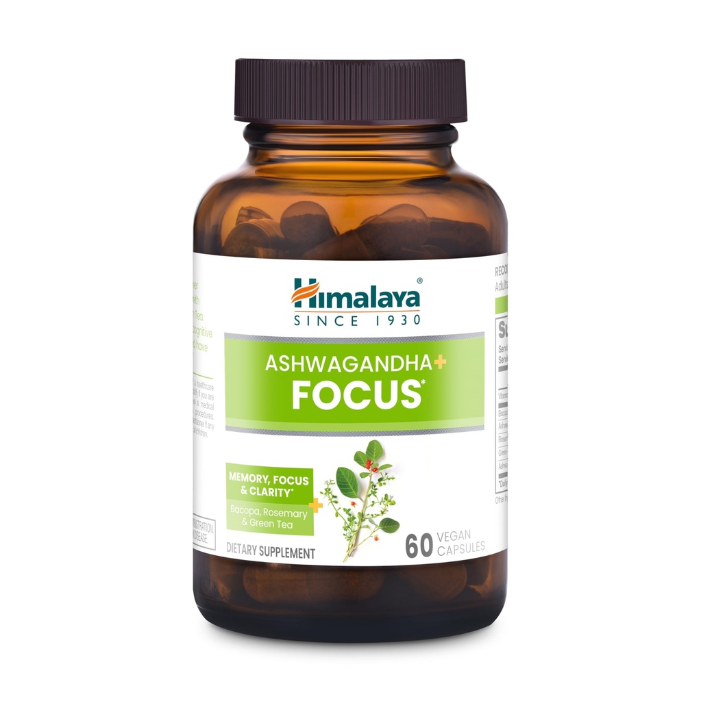 Himalaya Ashwagandha+ Focus - Suplemento Herbal Focus con B12, Rosemary, Green Tea y Bacopa Nootropics for Memory and Clarity - Vegan, Non-GMO, Gluten Free, 1690 mg, 60 cápsulas