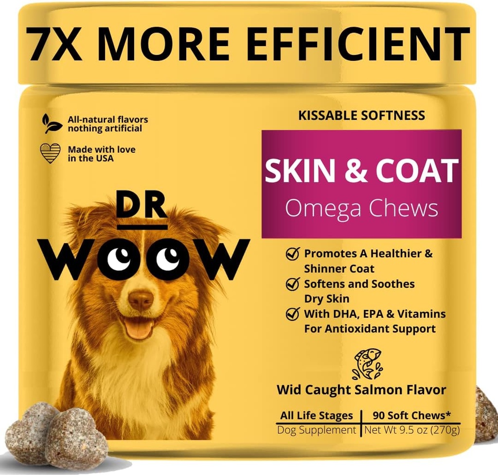 Omega Wild Alaskan Salmon Fish Oil 90 ct Soft Chews for Dog - Anti Itch &amp; Coat + Alergía Soporte, con Kelp, Biotina, Vitaminas, Zinc - Ayuda a picar la piel, alergias a los perros, puede reducir la ropa de cama