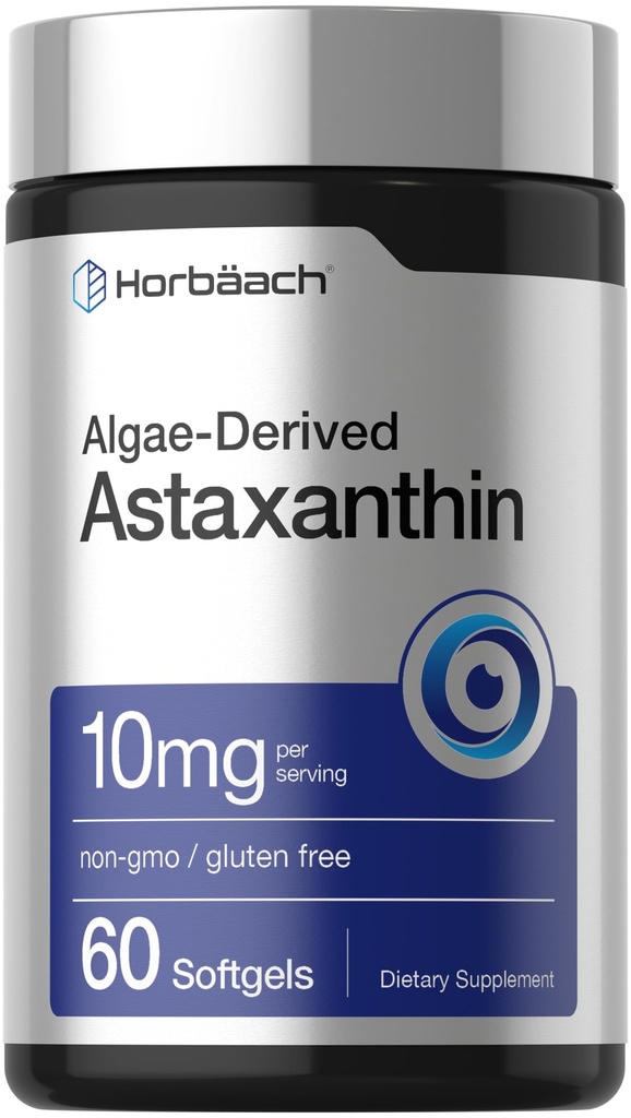 Horbäach Astaxanthin Suplementos Silencio 10mg Silencio 60 Softgels  Algae Derived Fórmula ← Non-GMO, Gluten Free