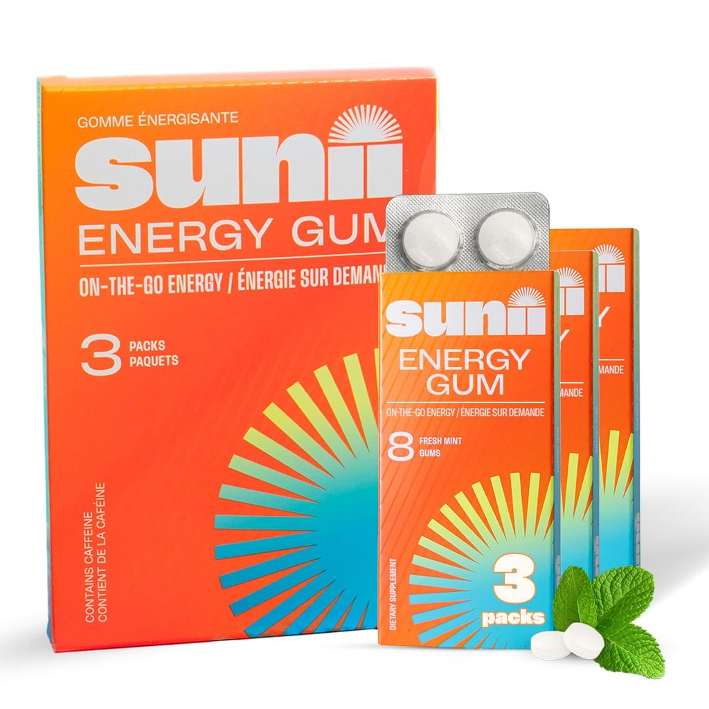 SUNII ENERGY GUM - New Quick Boost Energy & Focus - 50mg Caffeine Gum -Vitamins B6 &amp; B12, Taurine, Vegan, No Sugar, Zero Calorie, Fresh Mint Taste - Faster Than Chews, Drinks, Gels &amp; Pills (24pcs)