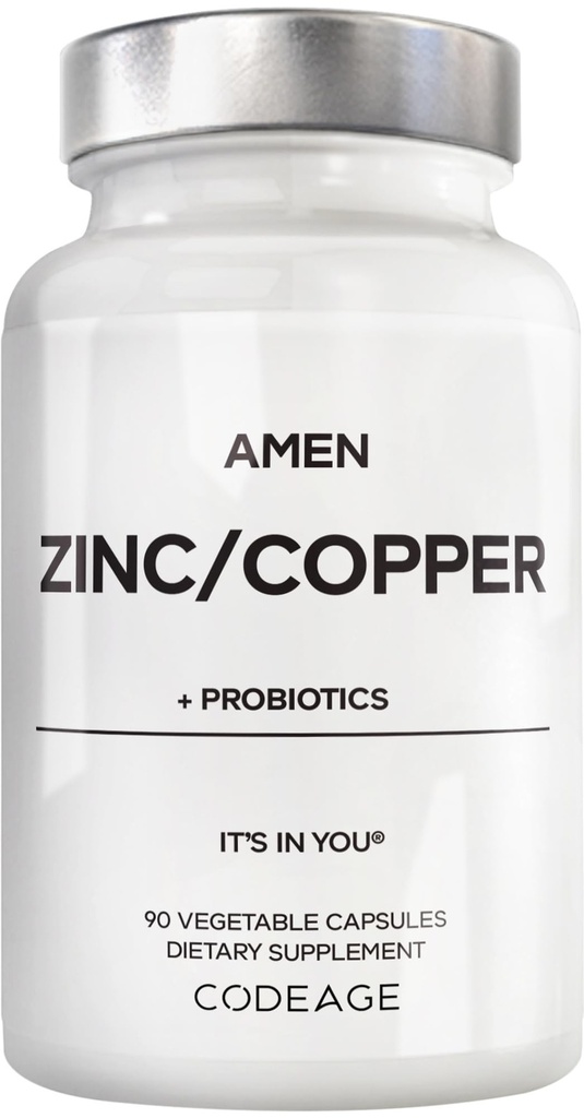 Amen Zinc &amp; Copper Suplemento + Probióticos, 3 meses de suministro, 1 por día - 50 mg Zinc Picolinate Vitamina Pills - Minerales Esenciales Suplementos – 2 millones de UF Probiótico – Vegano, No GMO, 90 cápsulas