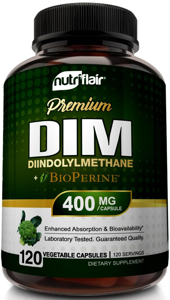 NutriFlair DIM Suplemento 400mg con Bioperina, 120 cápsulas - Diindolylmetano - Estrógeno Metabolismo Apoyo " Equilibrio hormonal, menopausia, PCOS, Acné y Cuidado de la piel para hombres " - Comparación con 300mg