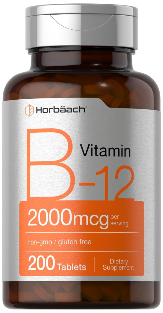 Horbäach B12 Vitamina 2000 mcg tención 200 Tablets ← Suplemento Vegetariano Silencio No GMO &amp; Gluten Gratis
