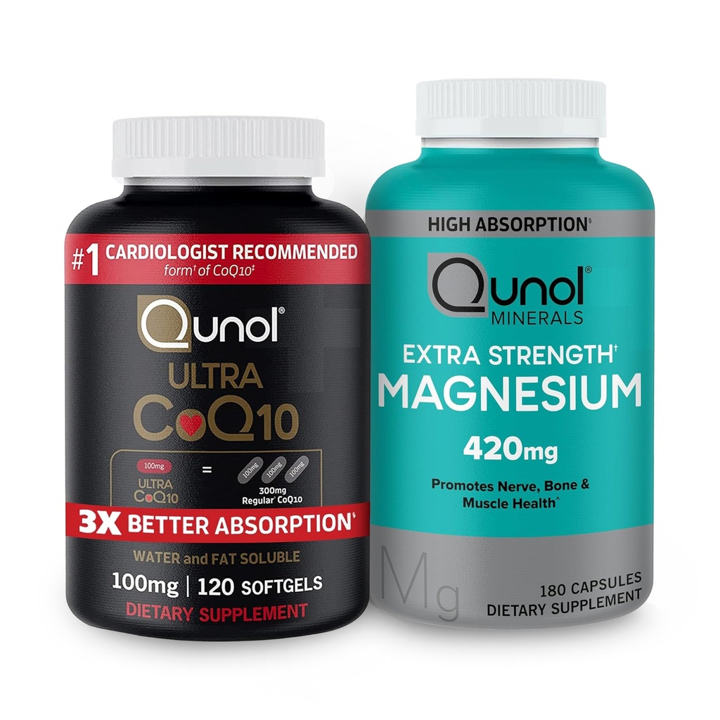Cunol CoQ10 100mg Softgels, 3X Mejor Absorción 4 Month Supply + 120 Conde Magnesium Glycinate Capsules 420mg, Suplemento Magnesio de alta absorción, 180 Conde