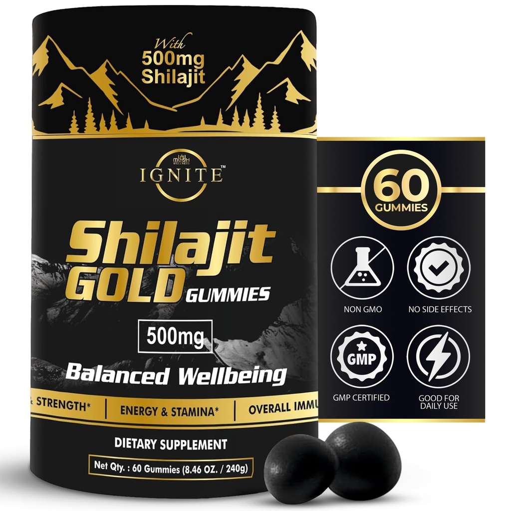 Pure Himalayan Shilajit Gummies – 75%+ Ácido Fulvico, Alta Potencia Oro Grado – Blend for Energy, Vitality & Immune Support, Travel - Friendly, Tamarind Flavor – 60 Gummies