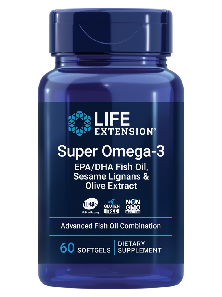 Extensión de vida Super Omega-3 EPA/DHA Fish Oil, Sesame Lignans & Olive Extract – Heart Health, Brain Health, Inflammation Health Support, Cholesterol Health Support, Gluten-Free, Non-GMO, 60 Softgels