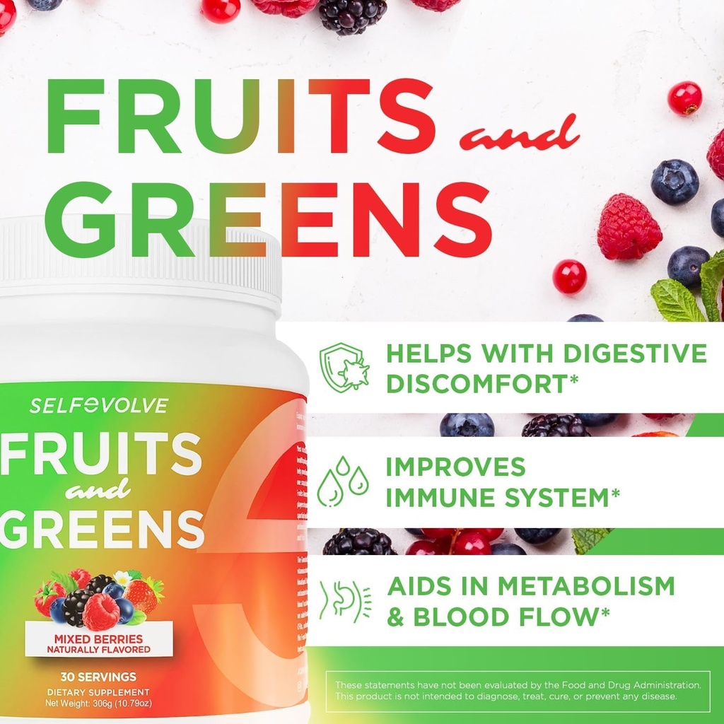 Frutas y Verdes Pólvora Probiótica Orgánica: 30 Serviciones para Mujeres Hombres. Vegano con 10 millones de UC, Spirulina, Kale, Spinach, Clorella, Elderberry, Enzymes Digestivos - Probióticos