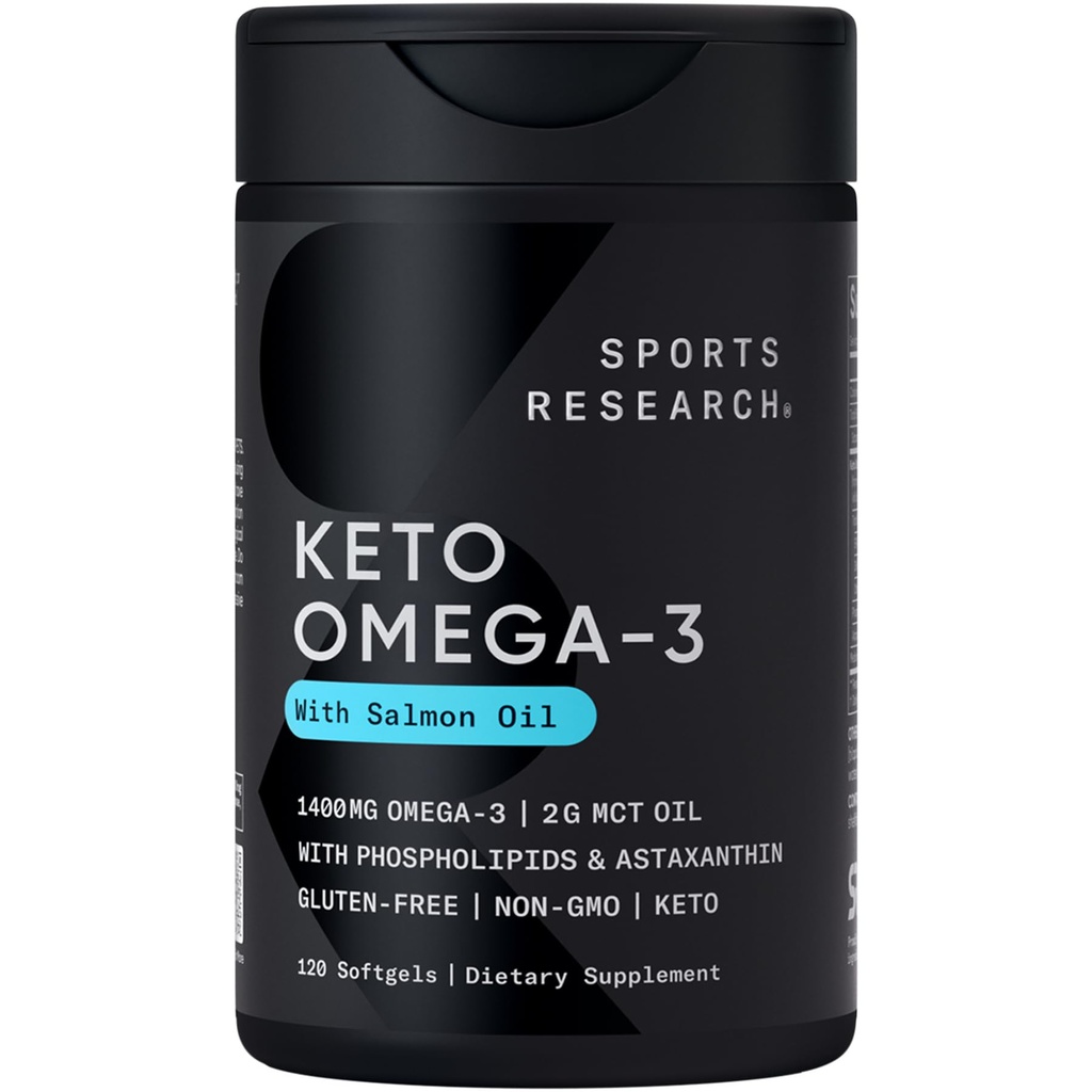Sports Research® Keto Omega Fish Oil 1400mg - Full Spectrum Omega-3 Blend with Astaxanthin " Coconut MCT Oil - Keto Certified, Soy " Gluten-Free (120 Softgels)