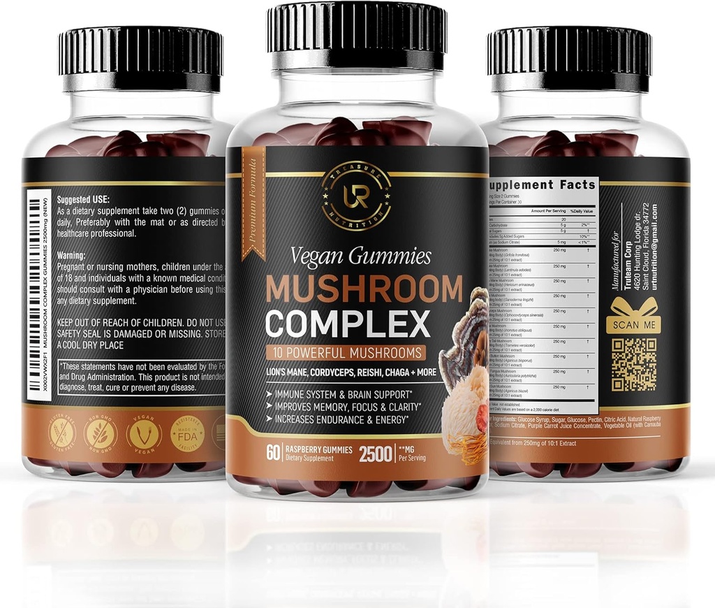Mushroom Gummies Silencio 10 Mushroom Suplemento Silencio 2500mg Silencio Turquía Tail, Chaga, Reishi, Cordyceps &amp; Lions Mane Organic Mushroom Extracts, Nootropic Brain Booster (180 Conde (Pack of 3))