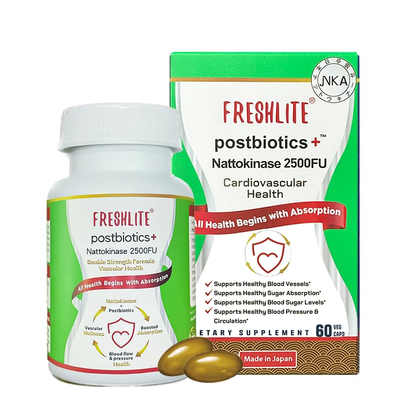 FRESHLITE 2500FU Premium NSK-SD Nattokinase & Vegan Postbiotics for Cardiovascular Support ¦ Blood Pressure, Cholesterol & Heart Health ← JNKA Certified ← Non-GMO, Gluten-Free, 60 cápsulas Japón Made