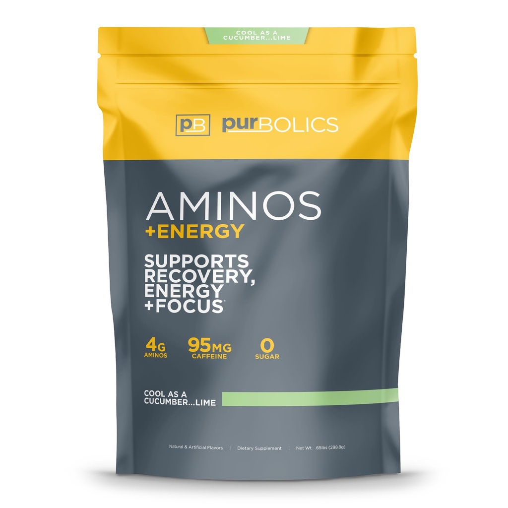 Purbolics Aminos + Energy ¦ apoya la recuperación, la energía y el foco  durable 95mg de Caffeine, 0 Azúcar & 60 Servings (Cool As Cucumber...Lime)