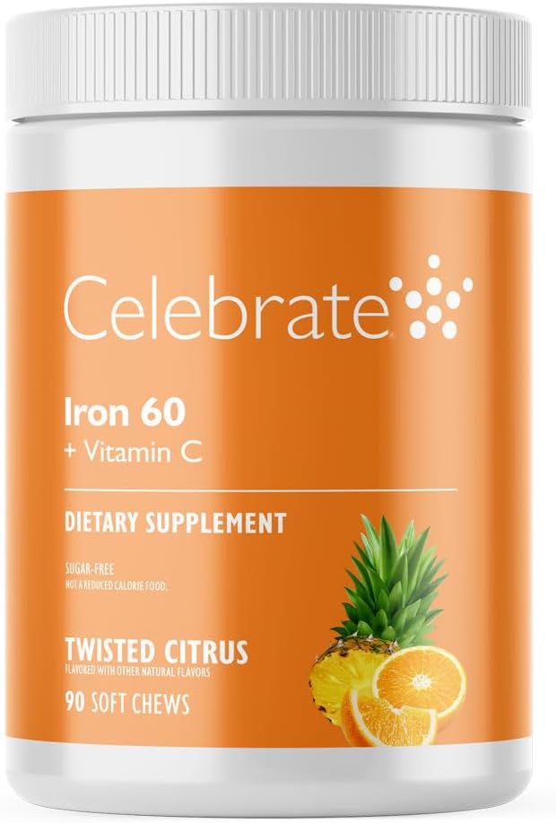 Celebrar Vitaminas Suplemento de Hierro con 60 mg de Iron &amp; Vitamina C – Citrus Chewables para Pacientes Báricos, Bypass Gástrico &amp; Sleeve Gastrectomy Support – 30 Tablets for Post-Surgery Health Maintenance