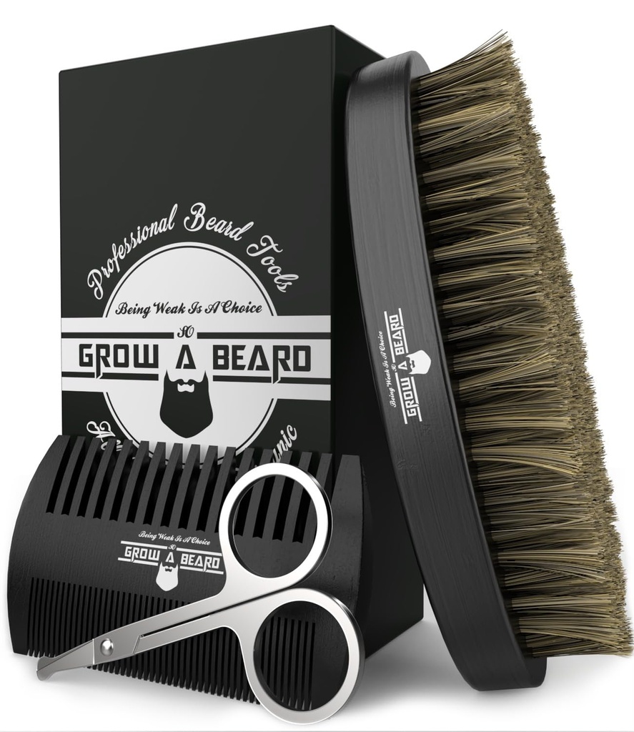 Cepillo de barba para hombre &amp; Beard Comb Set w / Mustache Tijeras kit de acristalado, cepillo de bristo natural, madera de doble acción, y bolsa de viaje grande para regalo de Navidad