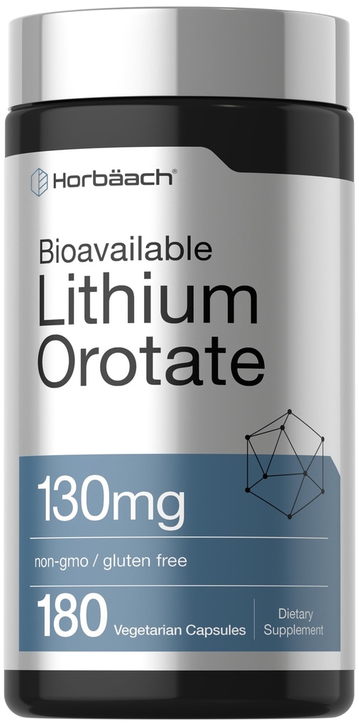 Horbäach Lithium Orotate 130mg  180 Capsules ← Non-GMO, Gluten Free  5mg Bioavailable Elemental Lithium