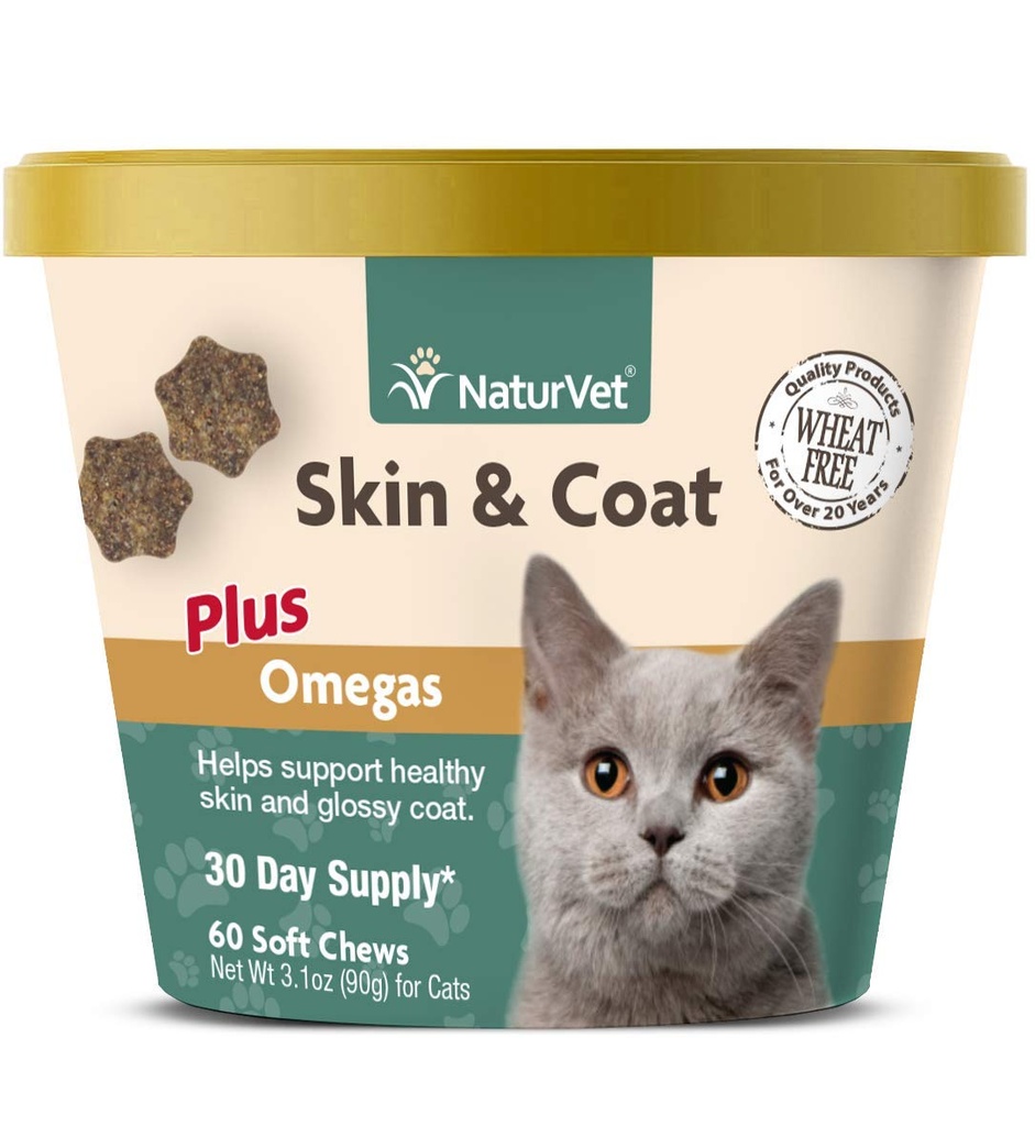 NaturVet – Skin &amp; Coat Plus Omegas para gatos – 60 Soft Chews tención Asistencias Saludable Skin > Glossy Coat Silencio Reforzada con Omega-3, Omega-6 &amp; Biotin 30 Day Supply