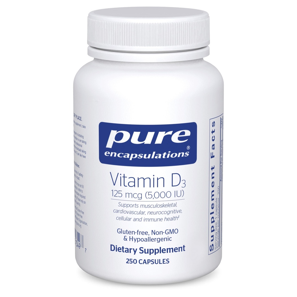Encapsulaciones puras Vitamina D3 125 mcg (5.000 UI) - Suplemento de Bono de Apoyo, Conjunto, Breast, Corazón, Colón y Salud Inmune* - con Vitamina D - 250 cápsulas