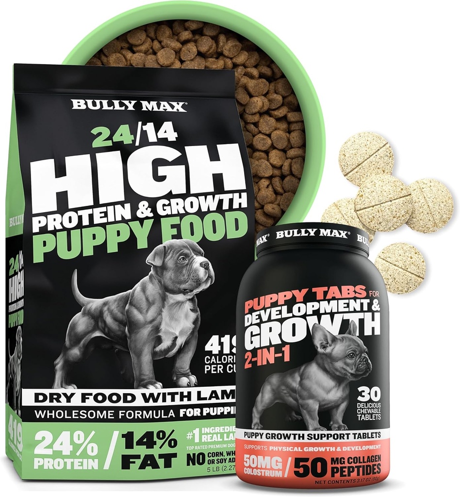 Bully Max 24/14 High Protein Puppy Food (5lbs.) y Puppy Vitamins (30 fichas masticables) para Development &amp; Growth Bundle – Muscle, Immune, Bone & Digestive Support in Small and Large Breed Puppies