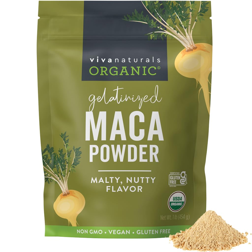Viva Naturals Organic Maca Powder, Gelatinized, 16 oz (1 lb) – Vegan, USDA Organic, Gluten-Free, Non-GMO Peruano Superfood in Resealable Bag