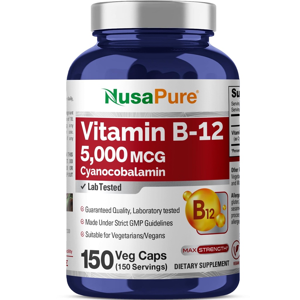 NusaPure Vitamina B12-5000 MCG 150 cápsulas vegetales (No-GMO, Vegan) - Max Strength Vitamina B12