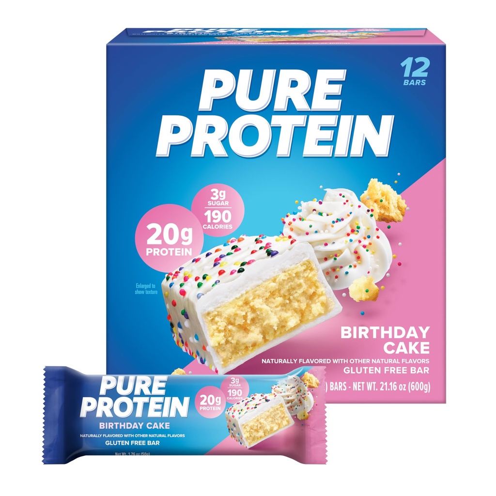 Barras de proteína puras, alta proteína, nutritious Snacks to Support Energy, bajo azúcar, sin gluten, pastel de cumpleaños, 1,76 oz, paquete de 12 (paquete mayo Vary)