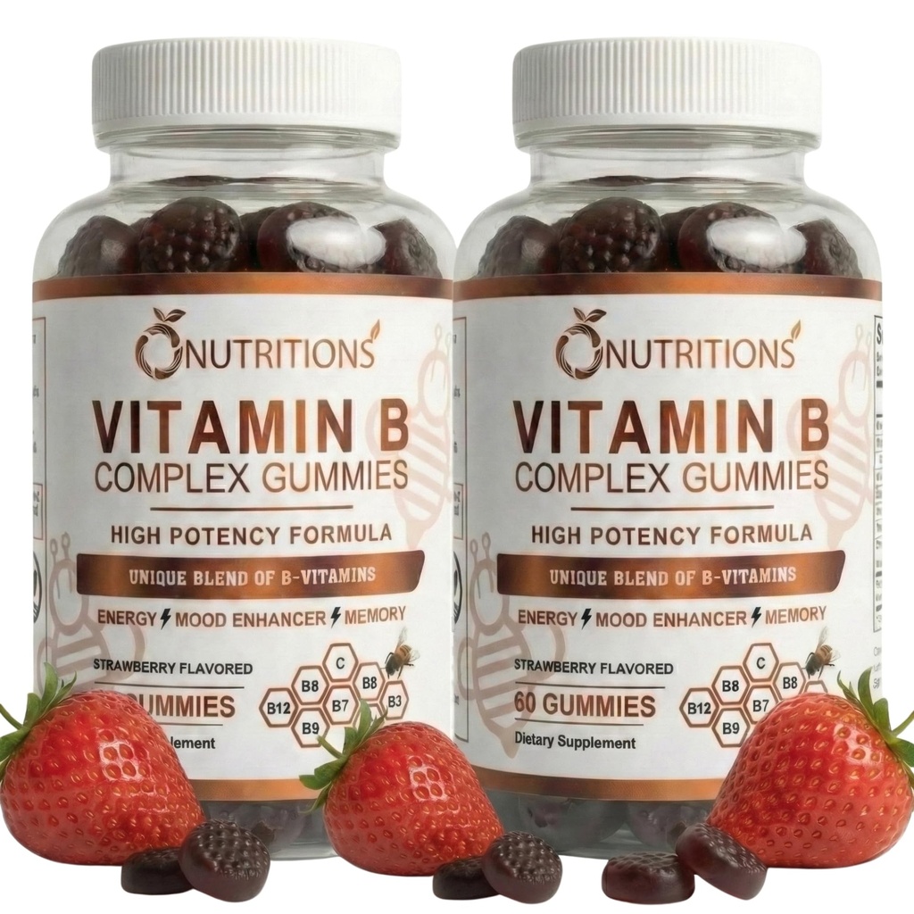 O NUTRICIONES Complejo de vitamina B Gummies Vegan con vitamina B12, B7 como Biotina, B6, B3 como Niacina, B5, B6, B8, B9 como Folato para el Sistema de Estrés, Energía e Inmunes Saludables (2 Pack)