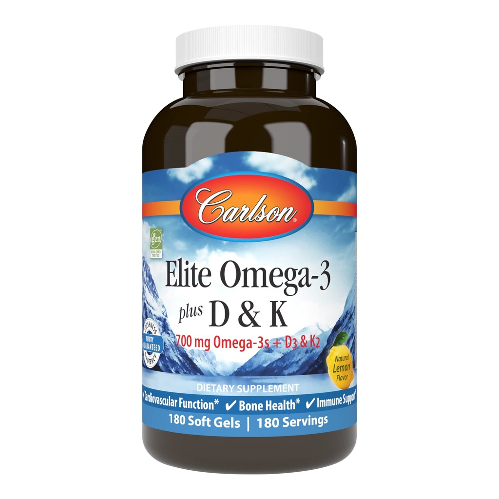 Carlson - Elite Omega-3 Plus D &amp; K, 700 mg Omega-3 + D3 &amp; K2, Función, Bone Health &amp; Immune Support, Lemon, 180 Softgels