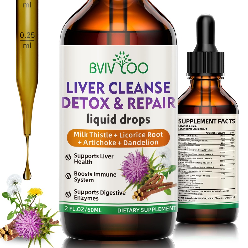 Líquido de limpieza del hígado " Reparación de gotas líquidas - 2000mg Leche Esteto, Dandelion Root, Artichoke, Silymarin Extracto, " Herbs Turmérico - Vegan, No GMO - 2 Fl Oz (60ml) Botella