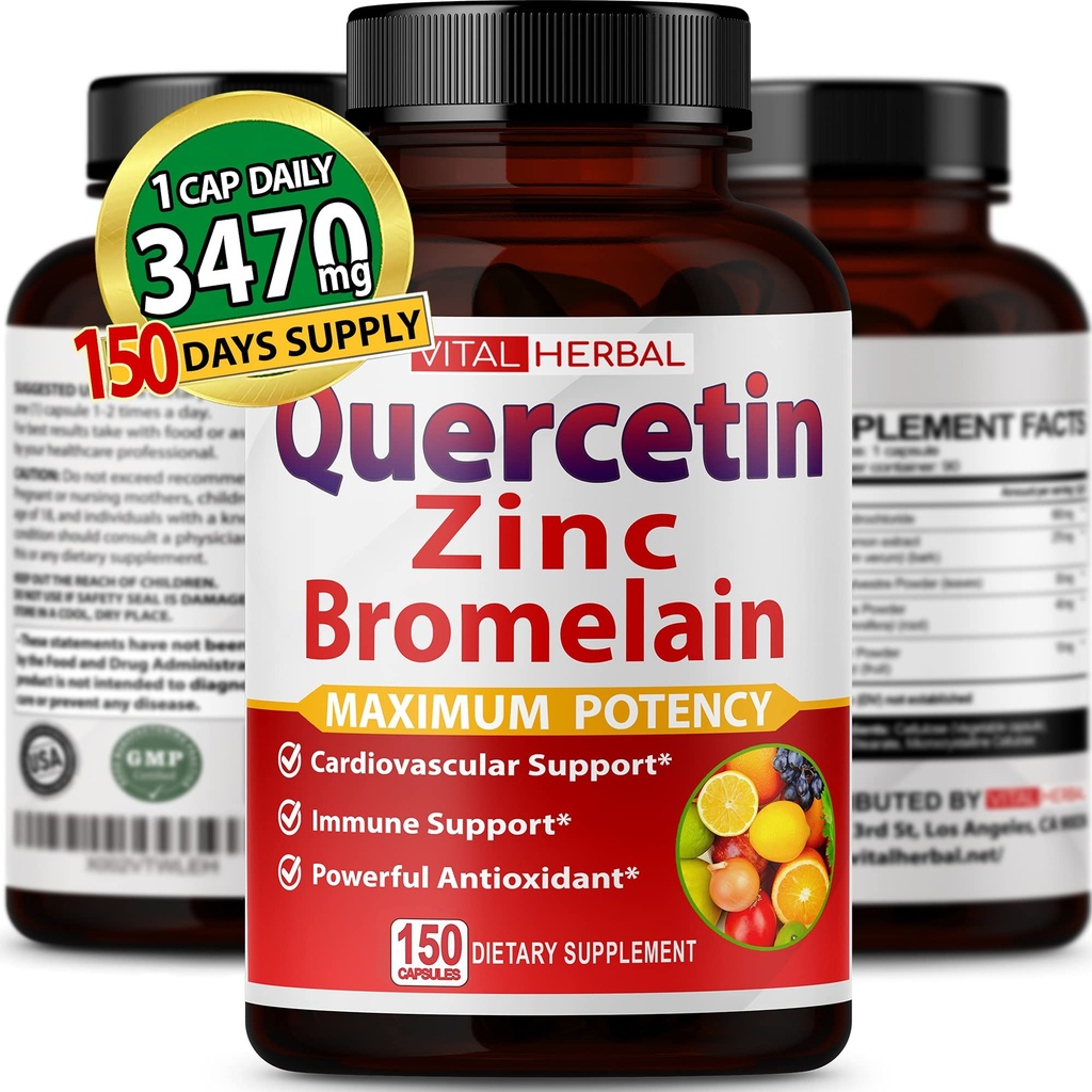 Quercetina de alta pureza Premium 98% con cápsulas de bromelaina para potencia máxima con té verde Ashwagandha - apoya la energía total de la fuerza de salud - 150 días de suministro