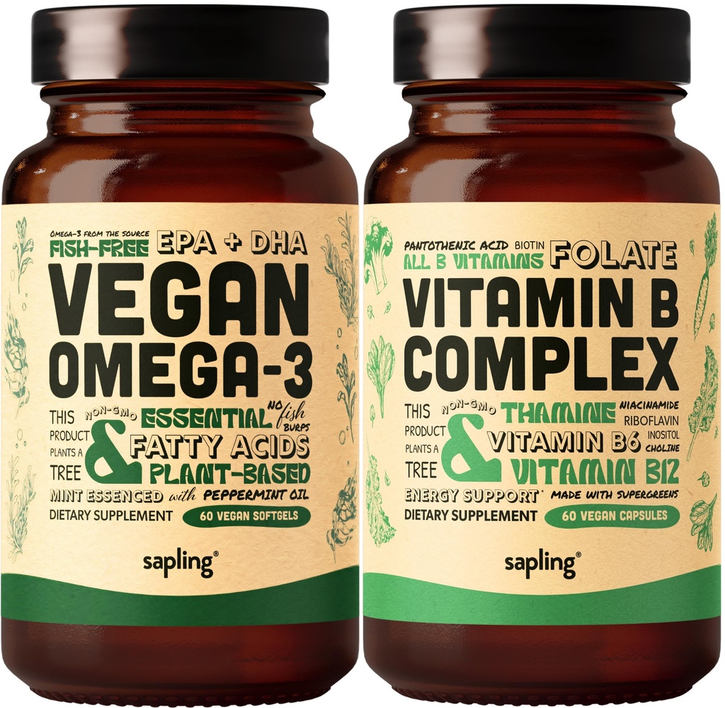 Vegan Omega 3 &amp; Vegan Vitamin B Complex Bundle - Plant-Based DHA &amp; EPA Fatty Acids, Essential B Vitamins with Whole Food Blend, B1, B2, B3, B5, B6, B7, Folate