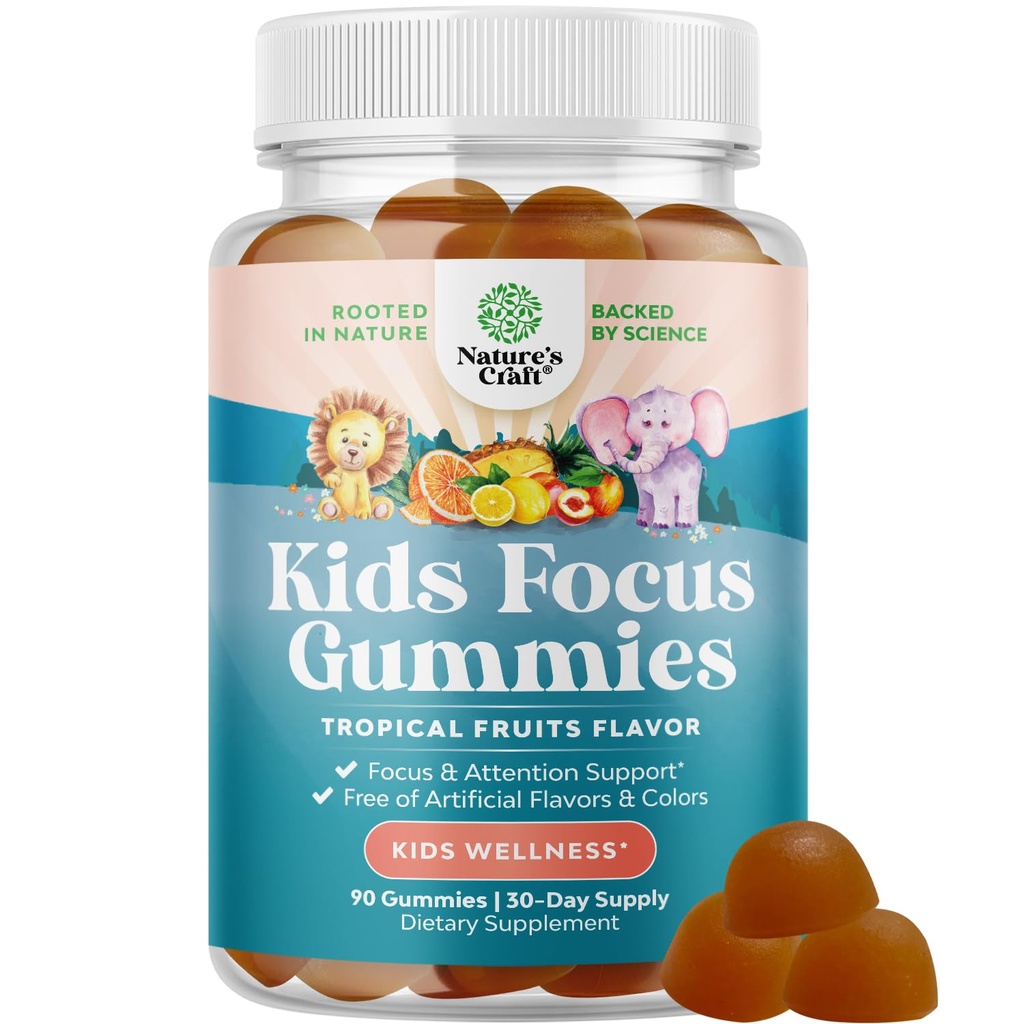 Gummies de enfoque infantil - Suplemento de apoyo cerebral nootrópico para niños con extracto de té verde, vitaminas B6 &amp; B12 para memoria y foco cerebral - Cerdos de concentración de hierbas para niños - 90 Conde