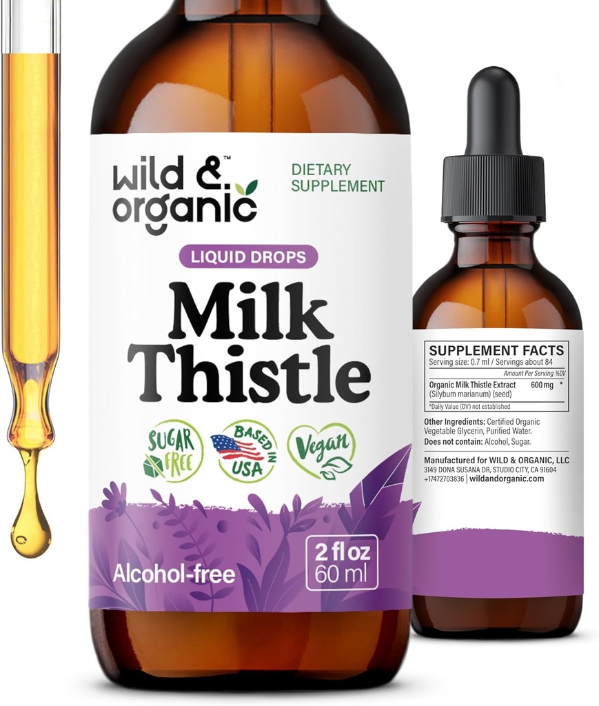 Wild &amp; Organic Milk Thistle Extract Drops - Liver Cleanse Support - Milk Thistle Liver Detox Tincture - Silymarin Supplement - Silybum Marianum Seeds - Vegan, Sugar &amp; Alcohol-Free - 2 fl oz