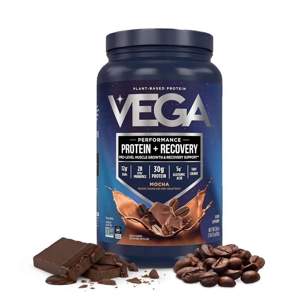Vega Sport Vegan Protein Powder + Recuperación - 30g Plant Based Protein per Serving, Mocha, 19 Servings, 5g BCAAs, Probiotics, NSF Certified, For Shakes & Smoothies, 1.8lbs (Packaging May Vary)
