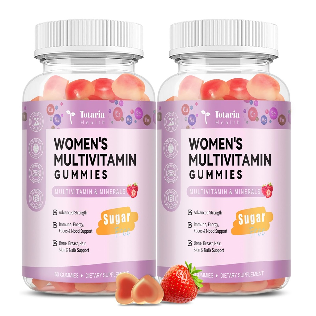 Totaria Sugar Gummies Multivitamin gratis para Mujeres 14+ w/Inositol, Hierro, Folate, Biotina, Mujer Diariamente Multivitamina Gummy w/Vitamin A, D, C, B, Apoyo Pelo, Skin, Energía, Inmune, Sabor de Fresa