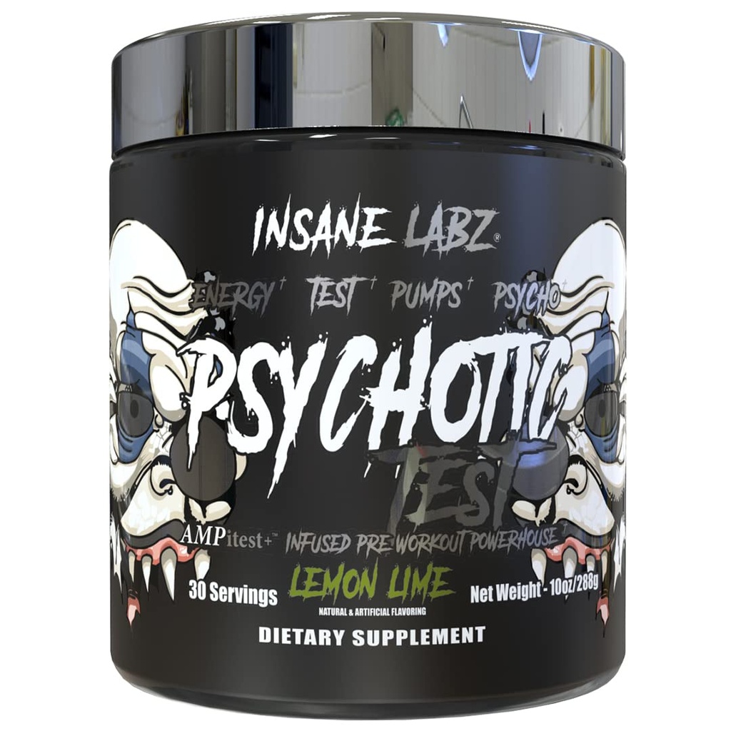 Prueba Psicótica Insane Labz, Energía de Testosterona de Alta Estim y Bomba Boosting Pre-Workout Powder con DMAE Bitartrate, D Aspartic Acid, Creatine HCL y Glycerol Monostearate, 30 Servings, Lemon Lime